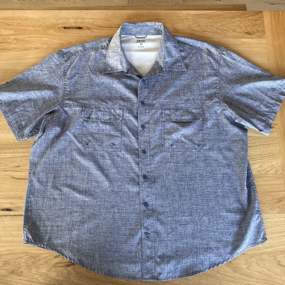 Izod Saltwater Short Sleeve Button Men's Blue Fishing Vented Shirt Size 2XL